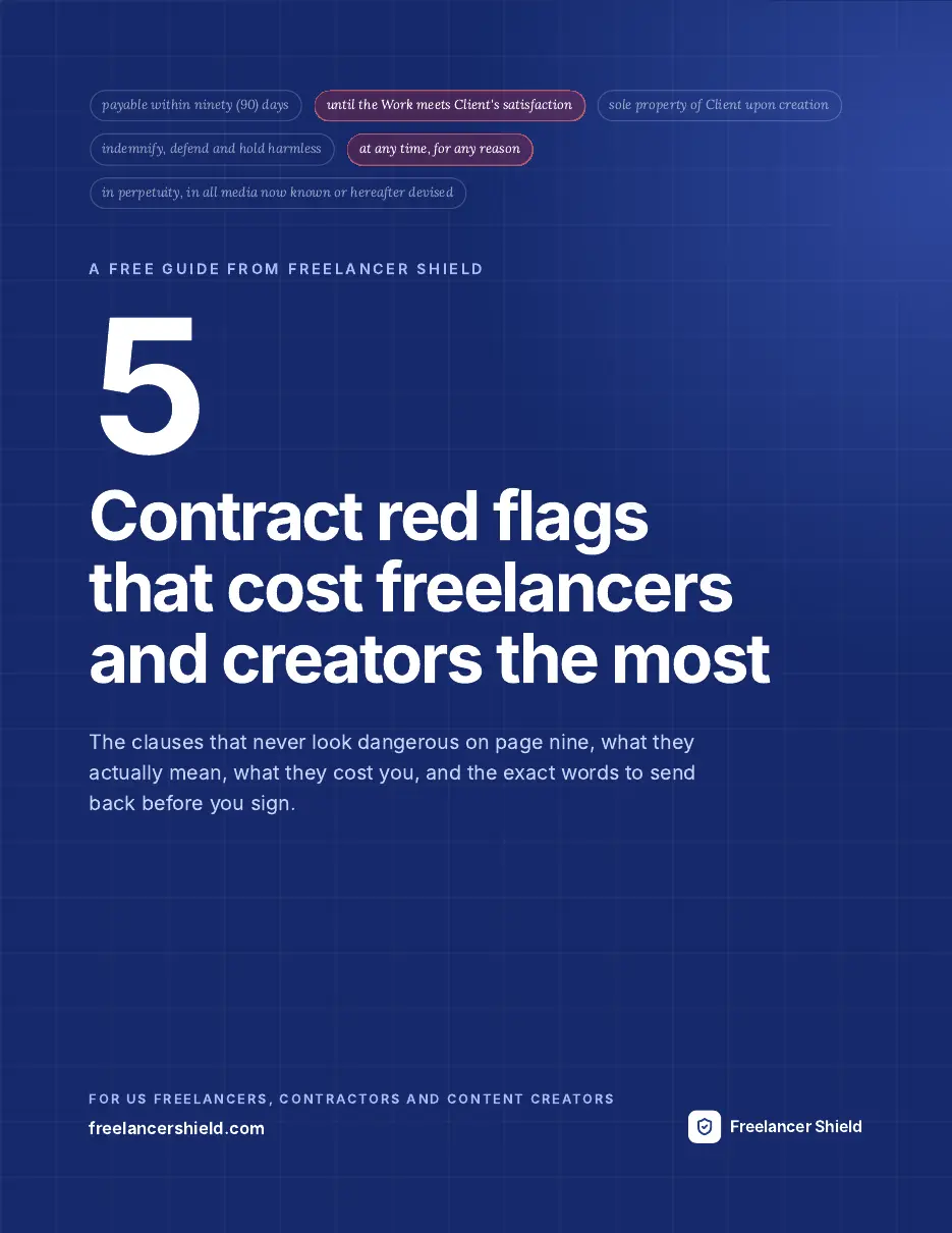 Cover of the Freelancer Shield guide: 5 contract red flags that cost freelancers and creators the most